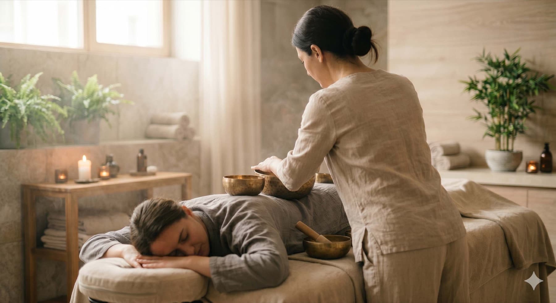 Ambiente quente de uma sessão de massagem de som
